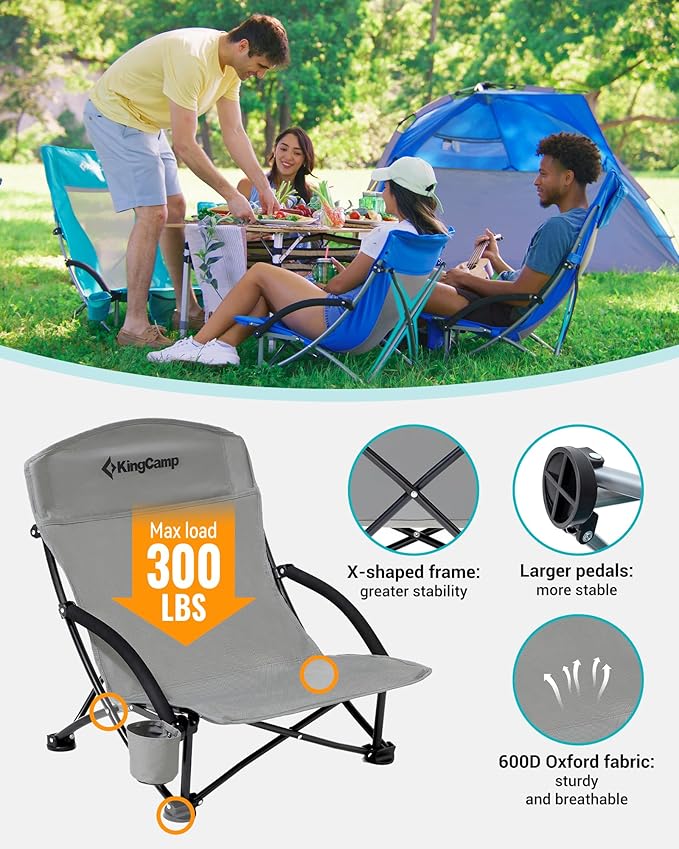 KingCamp Low Beach Chairs, Portable Folding Chair for Adults Extra Wide Ergonomic High Back Seat 300lbs Heavy Duty Lightweight Oversized Gear with Carry Bag for Outdoor Lawn Camping Picnic