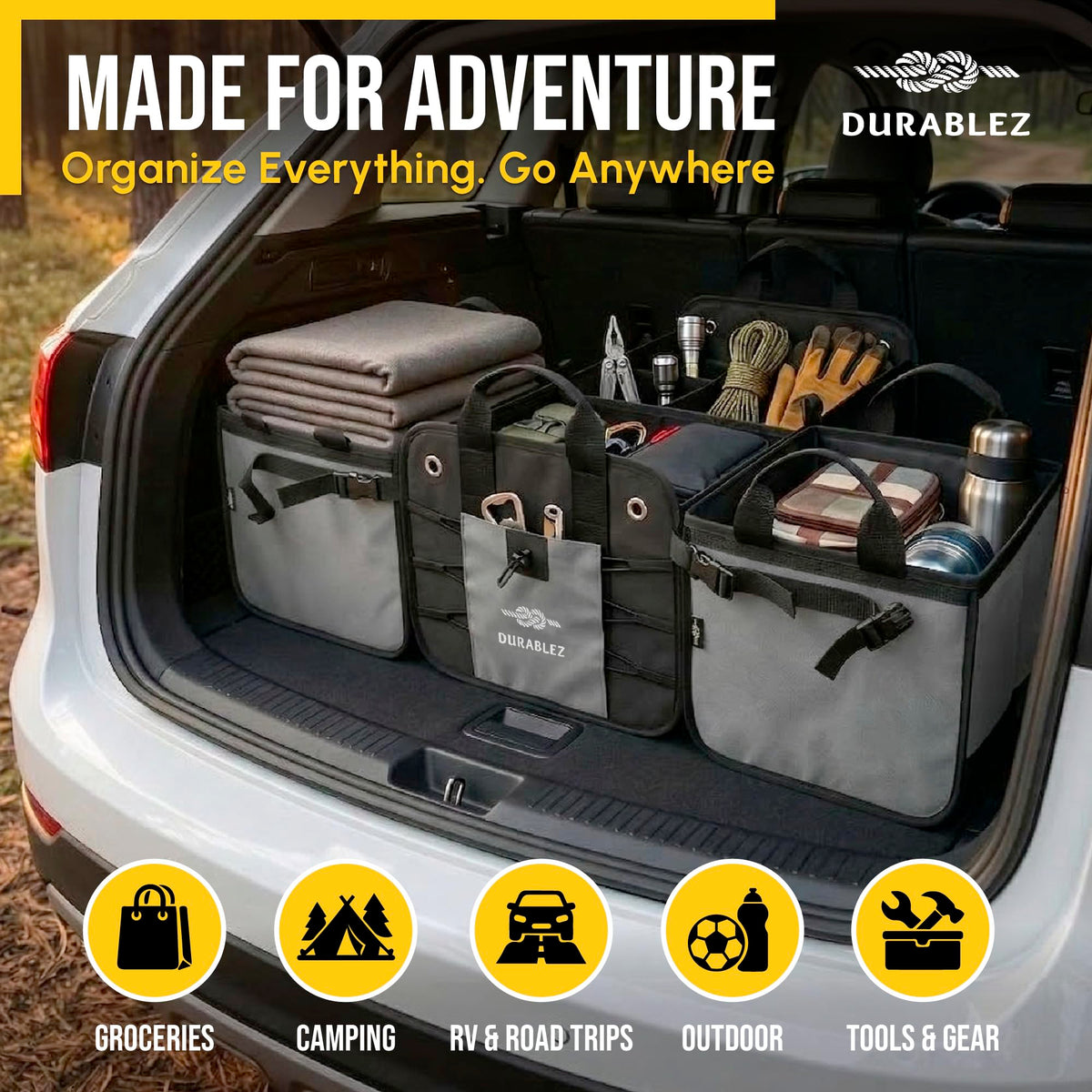 DURABLEZ Modular 4-Section XL Trunk Organizer – Car Storage for Groceries, Tools, Sports Gear, Emergency Kits – Extra Large Multi-Compartment Cargo Box, Collapsible & Heavy Duty – Gray