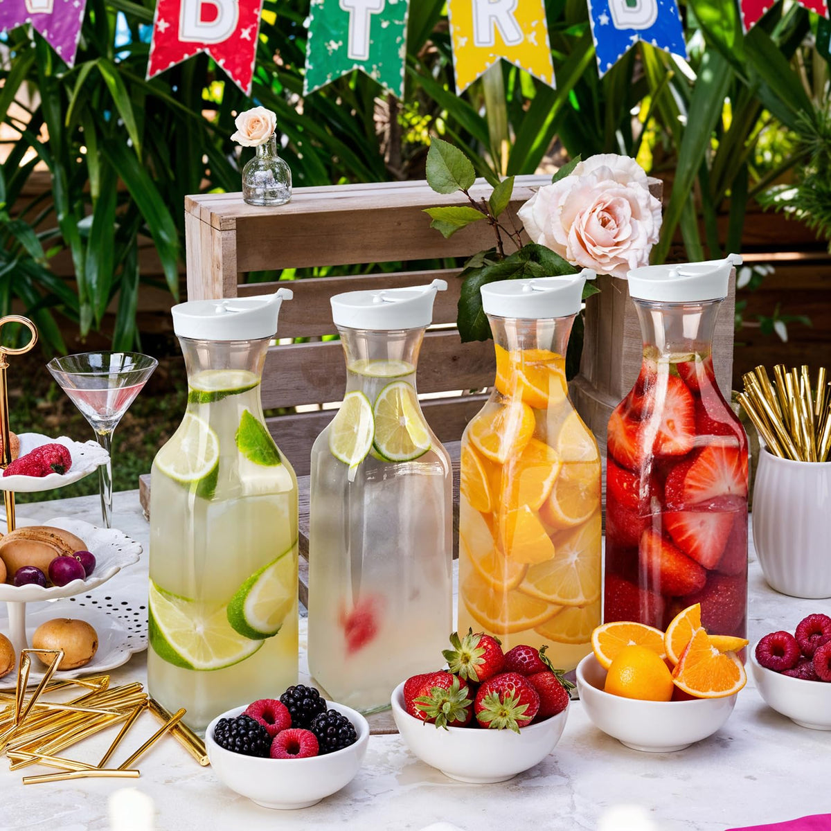 GUSTO [50 oz - 6 Pack] Plastic Carafe with Lid, Large Capacity Square Base - Clear Pitcher with Flip Top Lid, Easy-Pour Spout Juice Containers with Lids - Perfect for Mimosa Bar, Water, and Cold brew