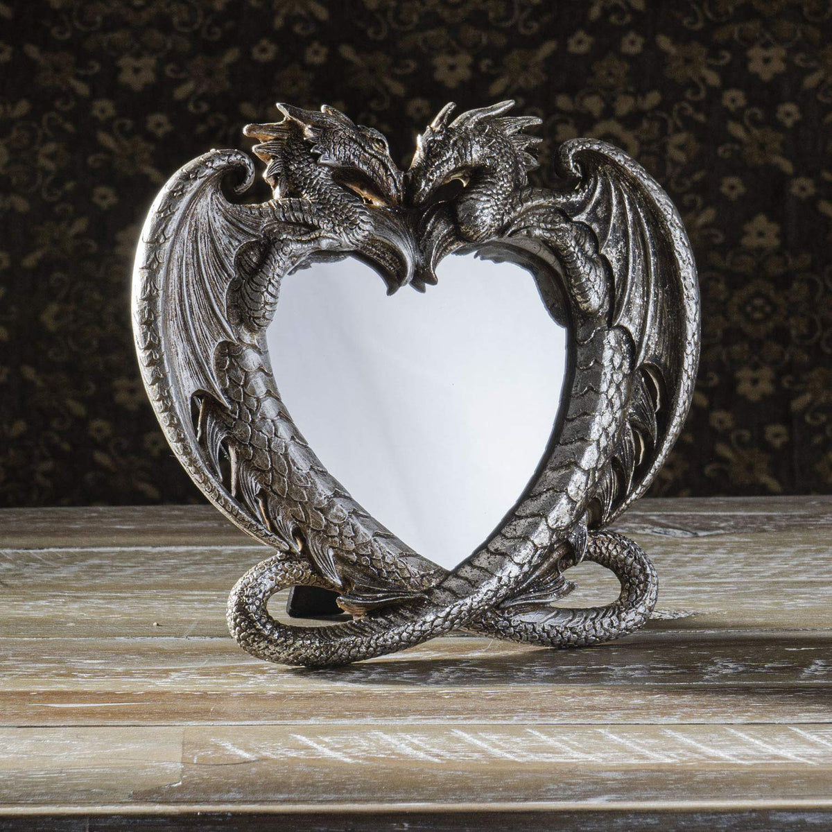 Pacific Trading Gothic Heart Shaped Dragon Mirror, Collectible Medieval Home Accent Décor Resin Piece for Wall or Tabletop Shelf, 6.3 x 5.91 Inches