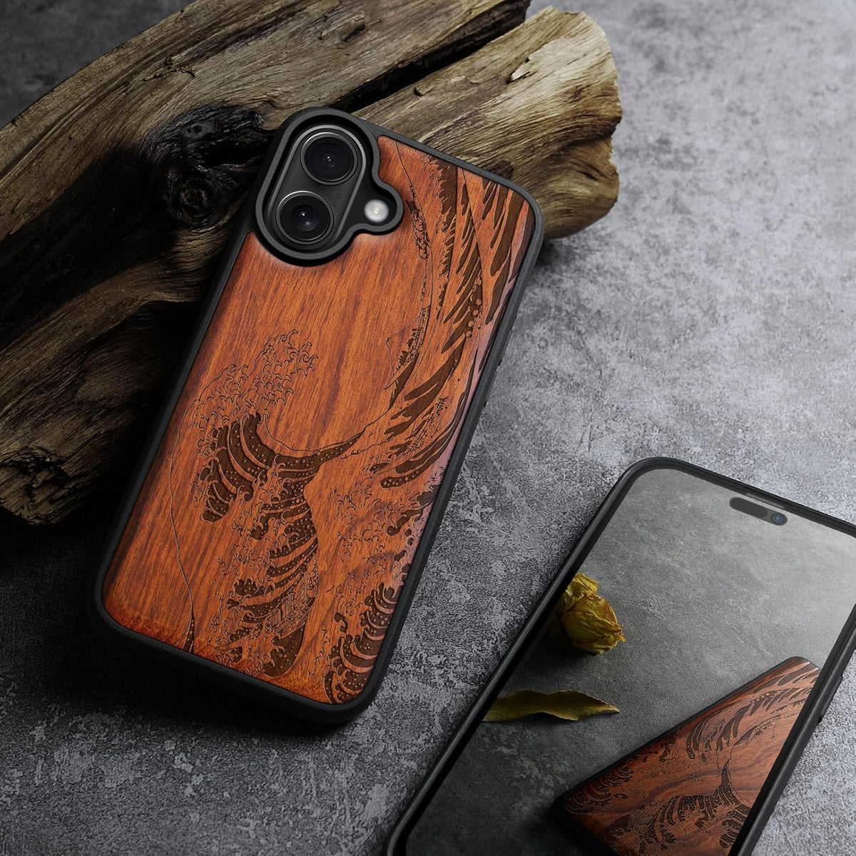 Carveit 17 Magnetic Wooden Case for iPhone Case, Wood Artisan Engraved & Black Soft TPU Shockproof Cover, Compatible