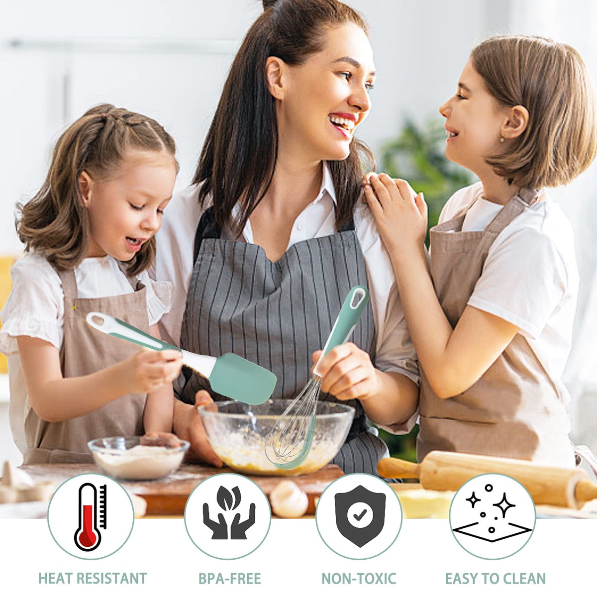 XoYoZo Silicone Kitchen Cooking Utensils Set Heat Resistant, 5 Pcs Silicone Spatula Set for Baking Cooking Mixing, Silicone Cooking Utensils Set for Nonstick Cookware, Dishwasher Safe (Green), Medium