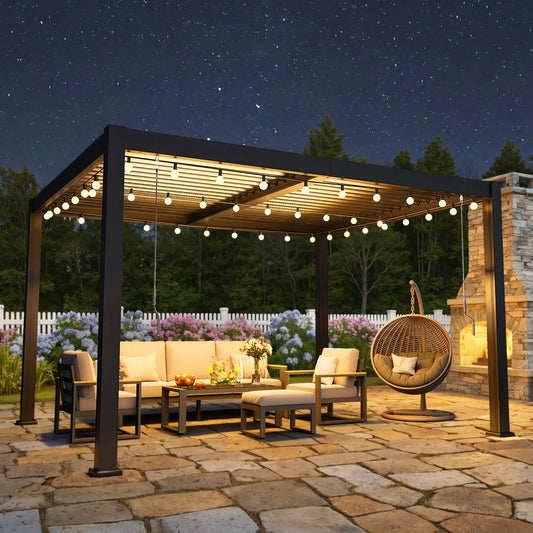 Louvered Pergola, 10' x 12' Outdoor Pergola, Metal Patio Gazebo with Adjustable Louvers Roof and Gutter System, Metal Hardtop Gazebo for Patio, Backyard, Deck, Garden, Dark Gray