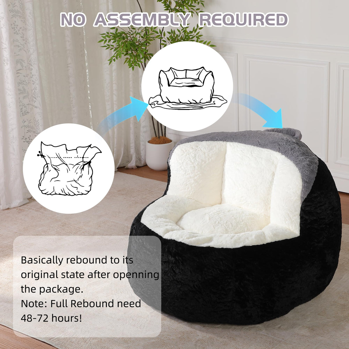 Amacv Oversized Bean Bag Chairs,Multicolor Faux Fur Couch Filled with Shredded Sponge,Large Lounger Sofa for Living Room,No Assembly Required, Black+White+Grey