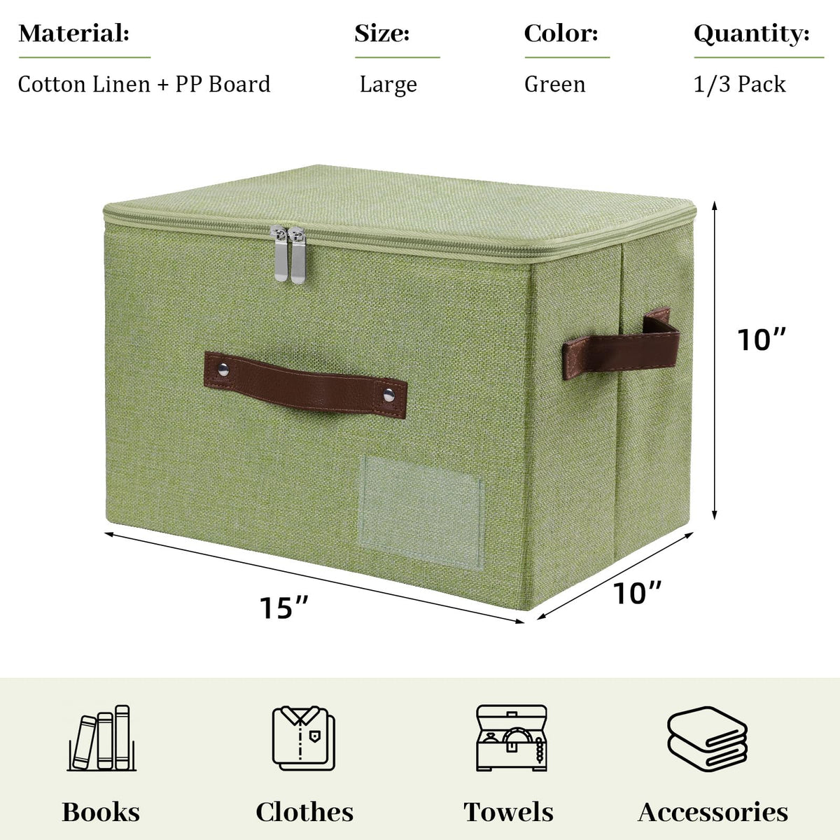 Lucky Monet 1PCS Storage Bins with Zipper Lids 15"x10"x10" Foldable Lidded Fabric Storage Boxes Baskets Cotton Linen Closet Shelf Clothes Organizer with Handles & Label Pocket (Green, Large)