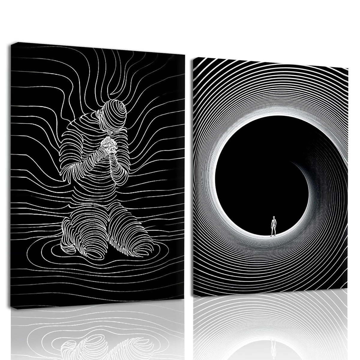AUUAUU 2 Pcs Abstract Line Art Wall Art Black and White Modern Canvas Painting Minimalist Mental Health Wall Decor Surreal Human Figure Tunnel Art Prints for Living Room Bedroom 12x16 Inches