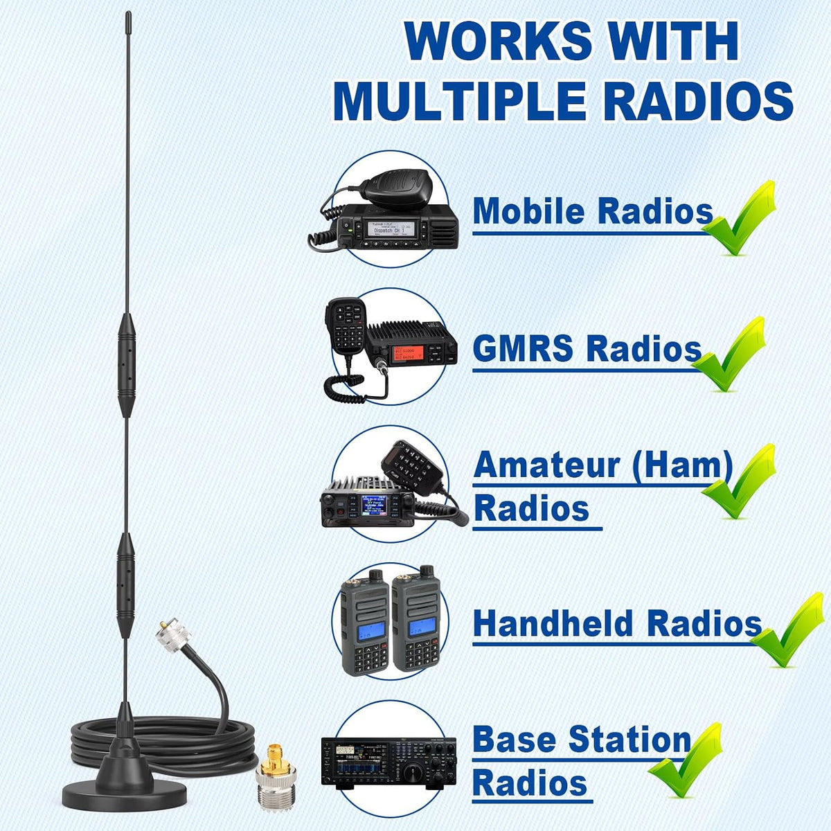 Eightwood 136-174MHz 400-480MHz PL259 SO239 Car Mobile Ham Radio Antenna High Gain Dual Band VHF UHF Male Antennae