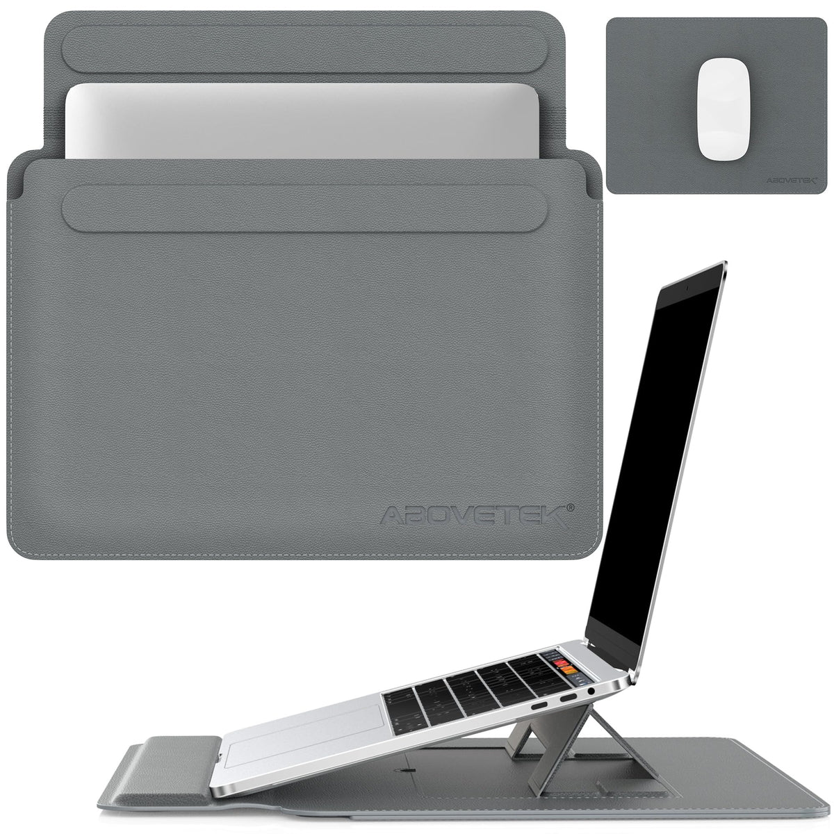 AboveTEK Laptop Sleeve Case for 13-14 inch MacBook Air/Pro, Slim Laptop Case with Stand, Ergonomic Wrist Rest & Mouse Pad, Waterproof Anti-Scratch Leather Bag for 13-14 Surface HP, Grey
