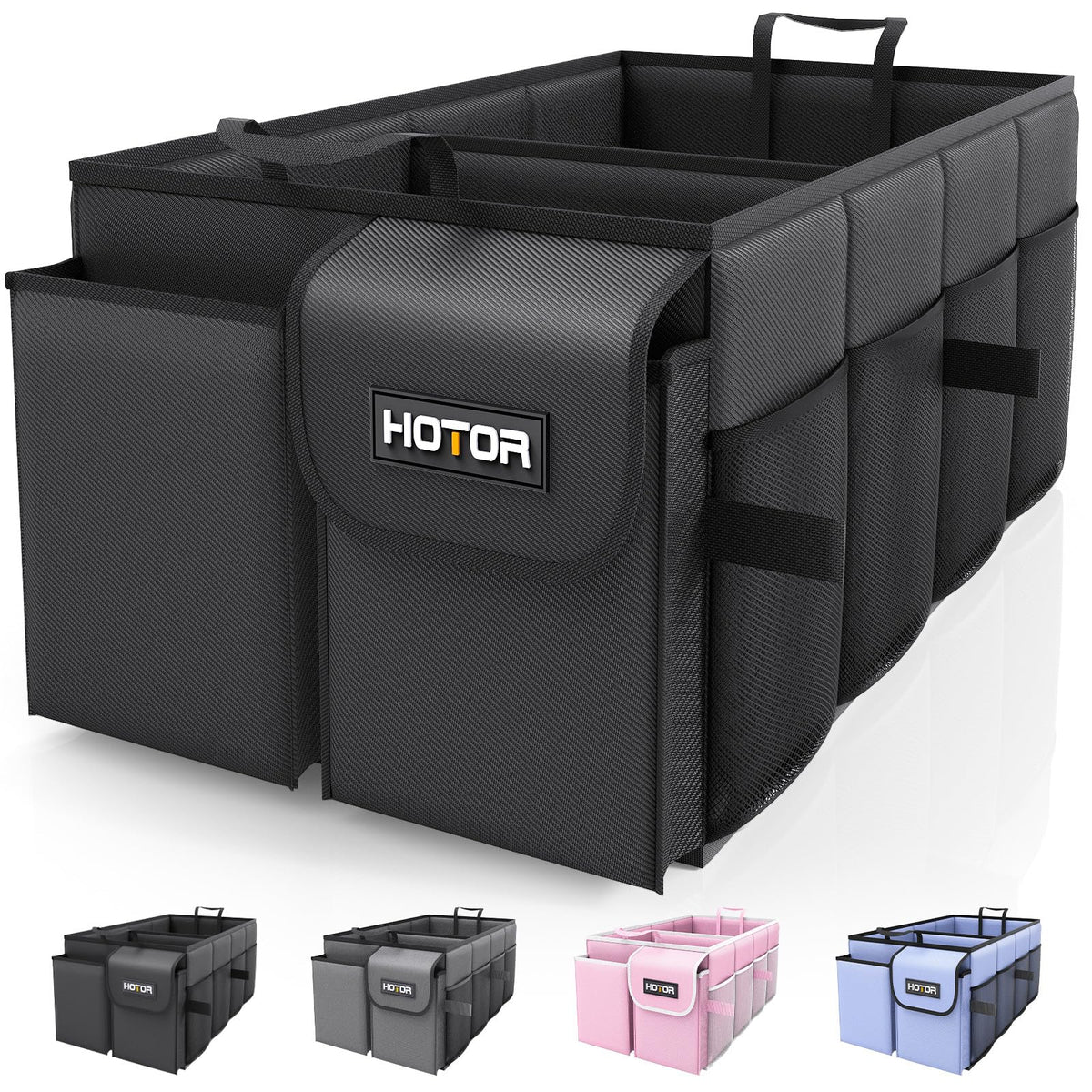 HOTOR Trunk Organizer - Car Organizer, Foldable Trunk organizer for SUVs & Sedans, Sturdy Car Organization for Car Accessories, Tools, Sundries, Black, 2 Compartments, 21.3"×12.6"×10.6"