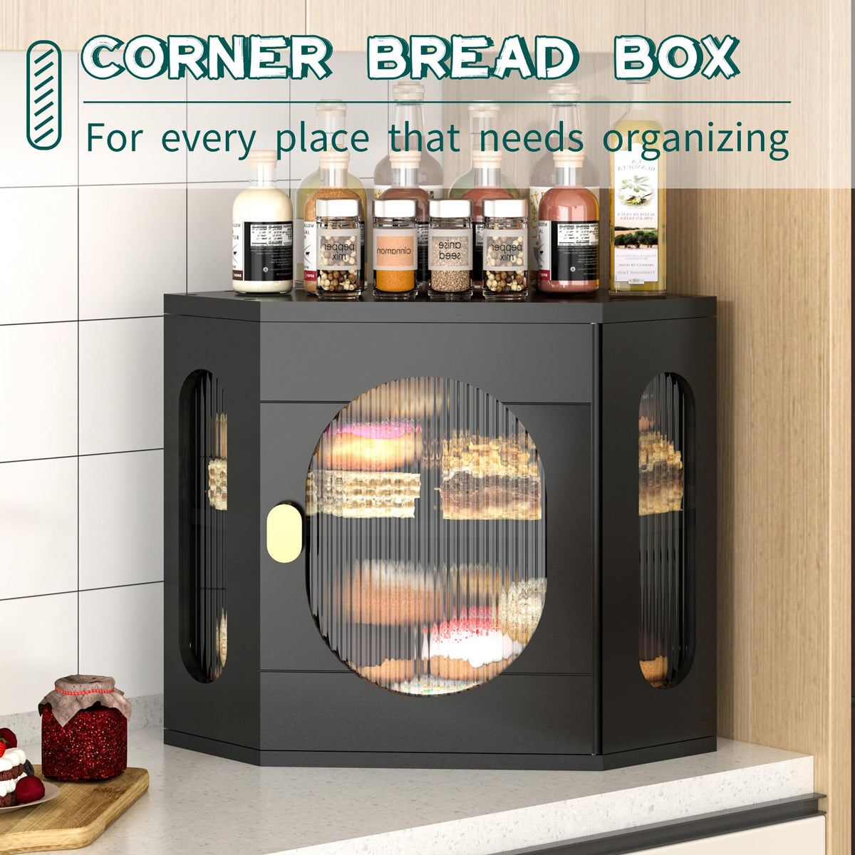 TQQDCI Corner Bread Box for Kitchen Countertop, Large Wooden Bread Box, Double Layer Bread Storage Bin, Bamboo Breadbox for Homemade Bread, Farmhouse Kitchen Organizer with Acrylic Window, Black