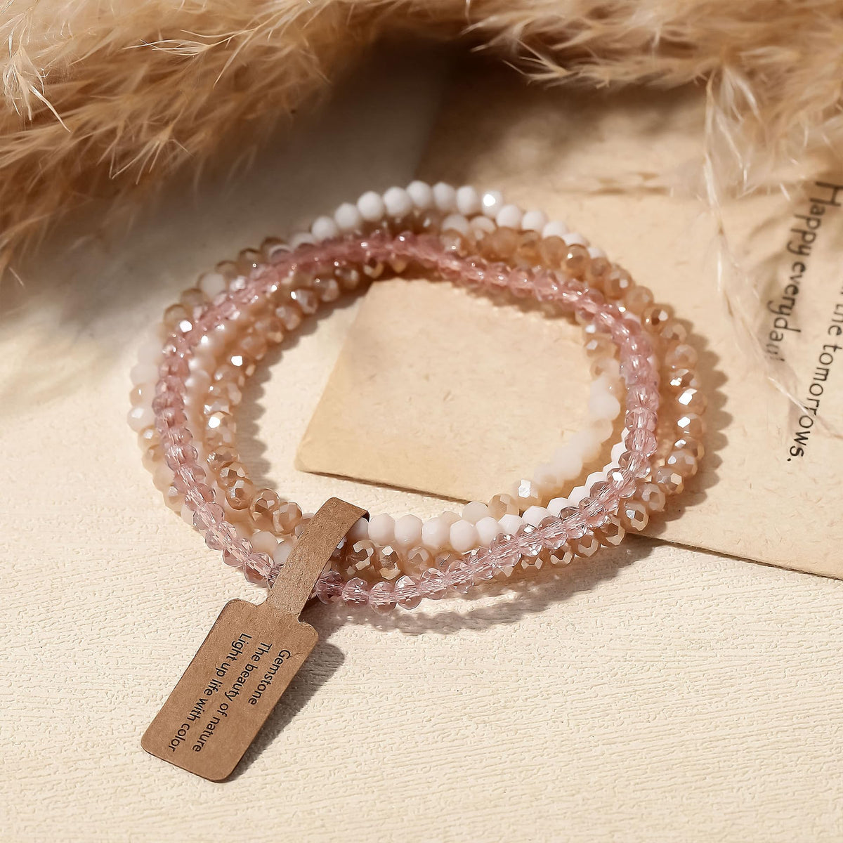 Lubrifico Boho Crystal Bracelet Set of 4pcs/set,4mm Beads Stackable Layering Stretch Bracelets for Women, Friendship Gifts(pink)