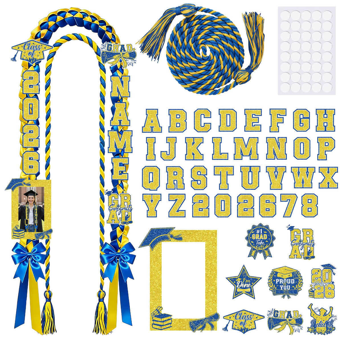 Hamdwerk Graduation Leis Class of 2026, 69Pcs Graduation Ribbon Leis Making Kits with Photo Frame Honor Cord Letters Numbers, DIY Braided Necklace Decorations Graduate Congrats Gifts Party Supplies