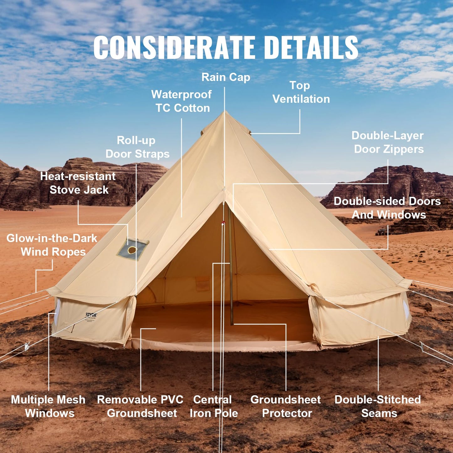 VEVOR Canvas Tent Bell Tent, 4 Seasons 4 m/13.12 ft, for Camping with Stove Jack, Family Camping Outdoor Hunting Party