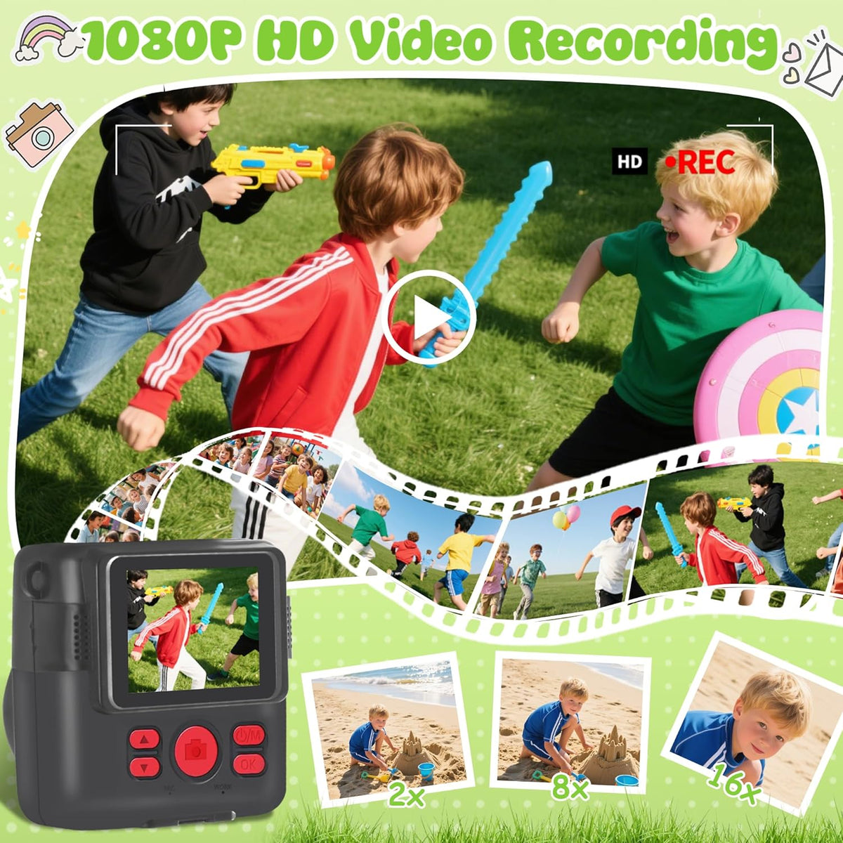 WEEFUN 2.4 Inch 1080P 16X 32GB 4 5 6 7 8 9 10 Kids Camera Instant Print, Safe Toddler Camera, Screen, with Zoom, TF