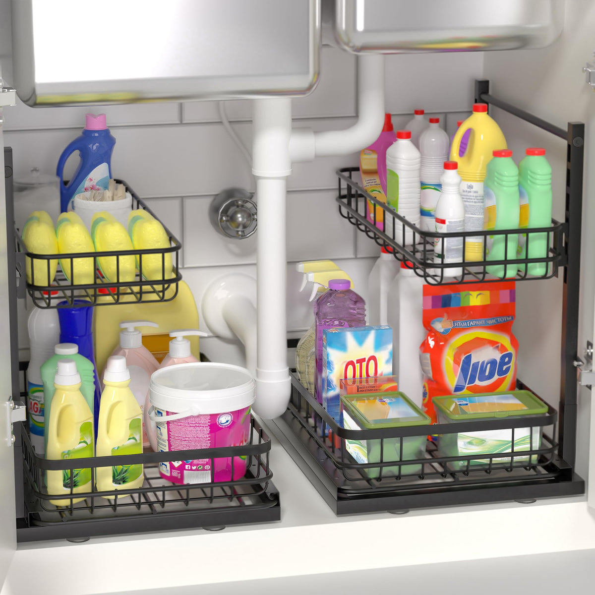 Uninol Under Sink Organizer, Adjustable Height Pull-Out Kitchen Storage Organization,15.8" x 11.8" x 16.5", 2-Tier Kitchen Shelf, Bathroom Drawer Organizer, 2 Pack|Black