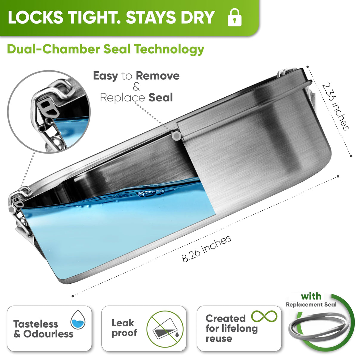 Blockhütte Stainless Steel Lunch Box for Adults I 47oz I Bento Box 3 Compartments with free Sealing, Leak-Proof Container, Metal Lunchbox for Travel, Work, Eco-Friendly Meal Storage Solution