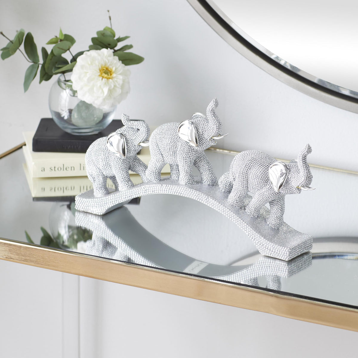 Deco 79 Polystone Elephant Decorative Sculpture Home Decor Statue, Accent Figurine 2" x 14" x 7", Silver