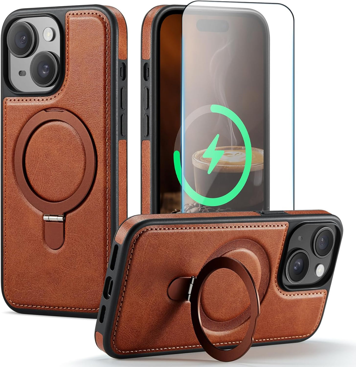 CHEEWADA 15 6.1", for iPhone Case with Stand Compatible with Magsafe Slim PU Leather & Durable TPU Drop Proof Magnetic