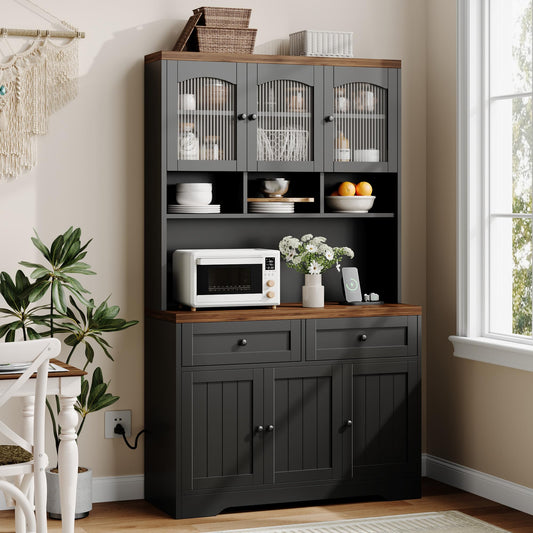 Garvee 71" Pantry Cabinet with Charging Station, Tall Kitchen Pantry Storage Cabinet with Microwave Stand, Farmhouse Kitchen Hutch with Storage Drawers for Living Room, Dining Room, Black
