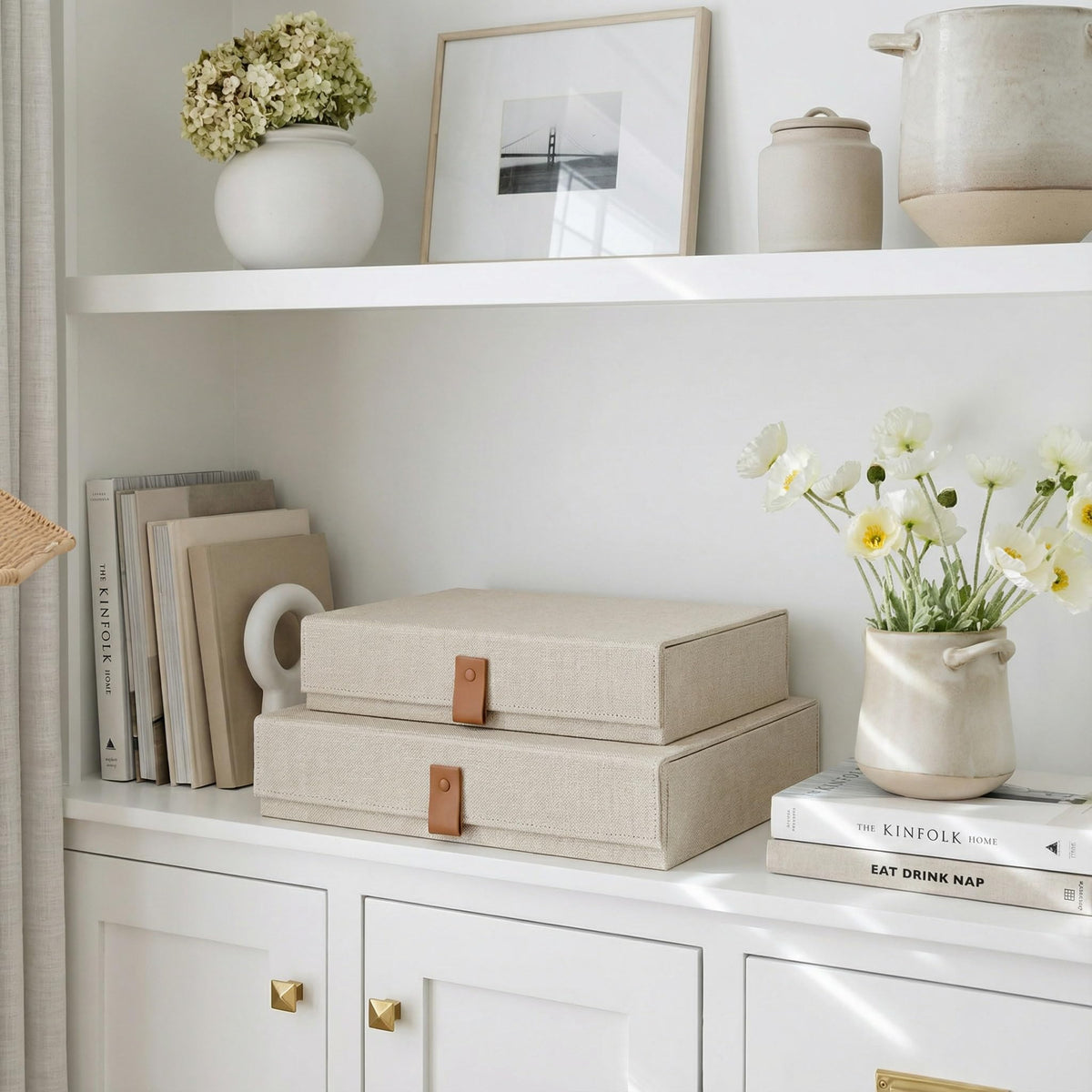 Decorative Photo Storage Boxes with Lids - Set of 2 Beautiful Linen Organizers Are Perfect to Safely Store Your Pictures, Documents, Scrapbooking Supplies, Keepsakes and Other Memories in Style