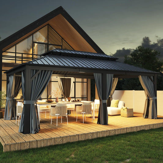 Aoxun 12' X 20' Hardtop Gazebo, Galvanized Steel Double Top, Metal Gazebo with Curtains and Netting, Permanent Canopy Pavilion for Wedding, Party, Outdoor Dining