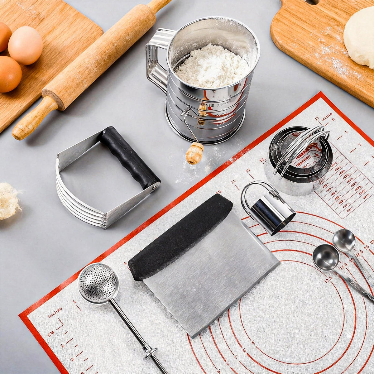 Teecyhooo 10 Pcs Stainless Steel Pastry Biscuit Cutter Set Include 3 Cup Flour Sifter Biscuit Cutter Pastry Scraper Dough Scraper Silicone Baking Mat Fine Mesh Strainer for Cooking Cookies Donuts Cake