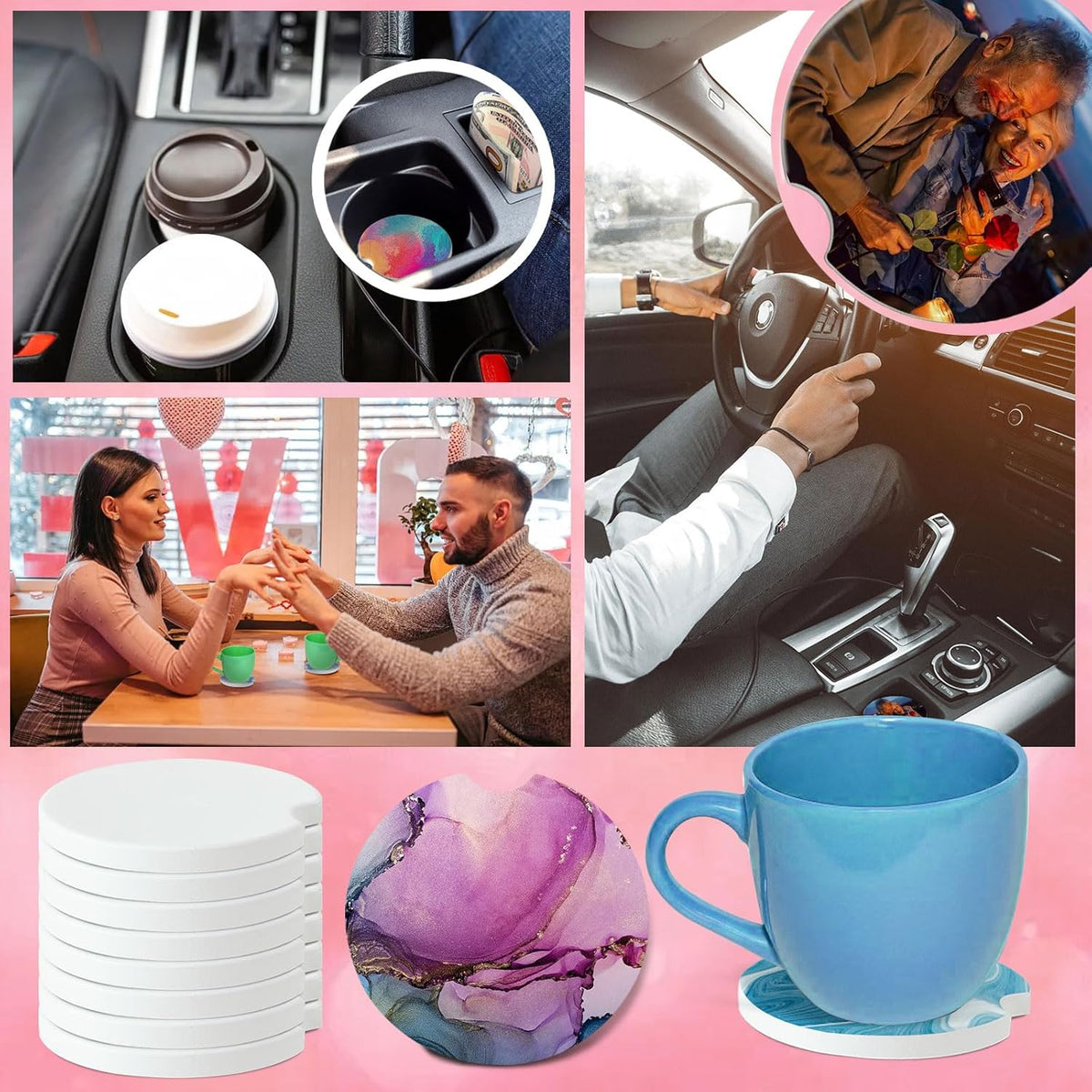 Skiennix Ceramic Car Coasters - Easy Removal Finger Notch | Protects Cupholders from Sweat & Stains (48)