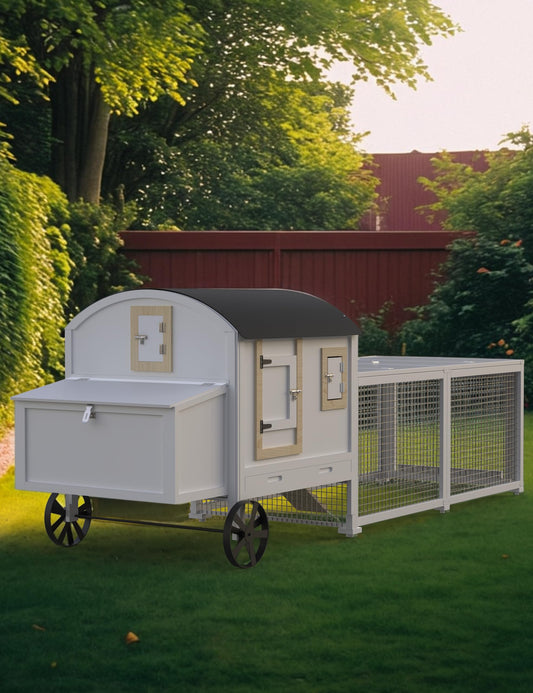 KYBOLT Rabbit Cage, Indoor and Outdoor Rabbit Hutch Chicken Coop, Small Animal Pen and Hutch Enclosure with Anti-UV Waterproof Roof, No Leak Pull Out Tray, Run and Ramp, 106in, White