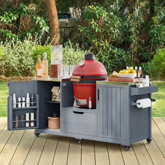 Merax Outdoor Grill Table for Big Green Egg Grills, 66.5" Patio Kitchen Island on Wheels with Stainless Steel Tabletop,Drawer and Spice Rack, Solid Wood Outdoor Storage Cabinet for Backyard, Grey Blue