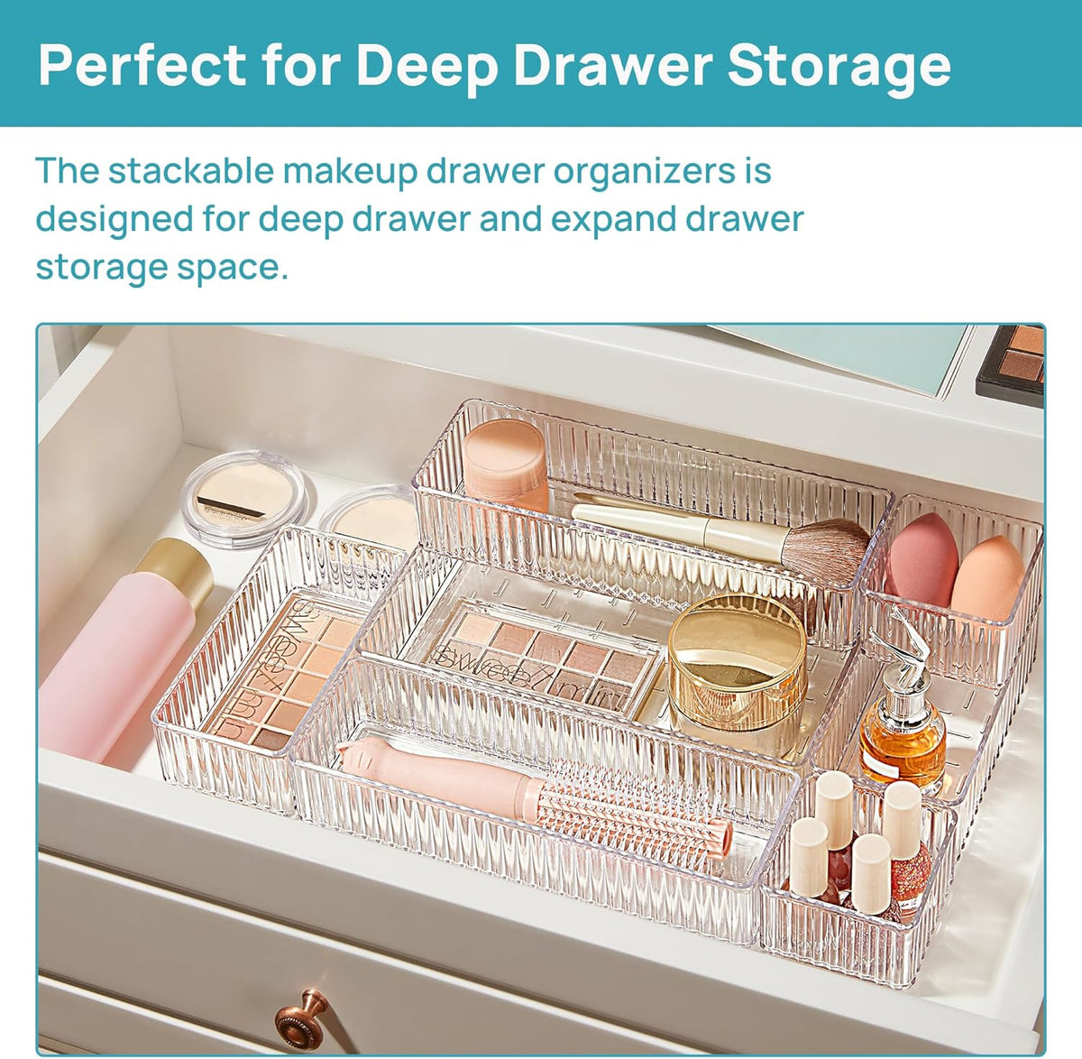 Vtopmart 7-Piece Clear Drawer Organizer Set - Stackable Acrylic Storage Bins for Makeup, Office Supplies & Kitchen Utensils
