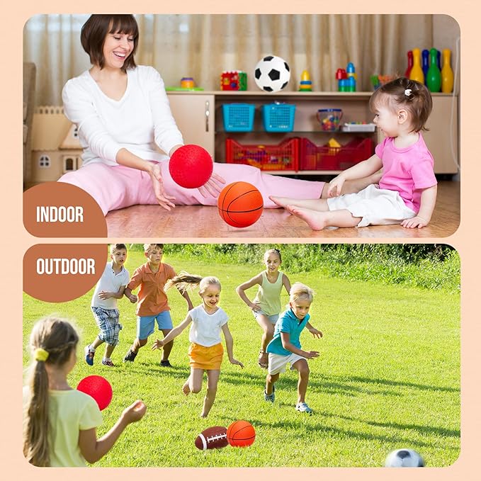 Balls for Toddlers with Pump 4 Pack 5" Small Rubber Playground Balls for Kids - 1 Football, 1 Basketball, 1 Soccer Ball and 1 Dodge Kickball - Indoor Outdoor Toys Gift
