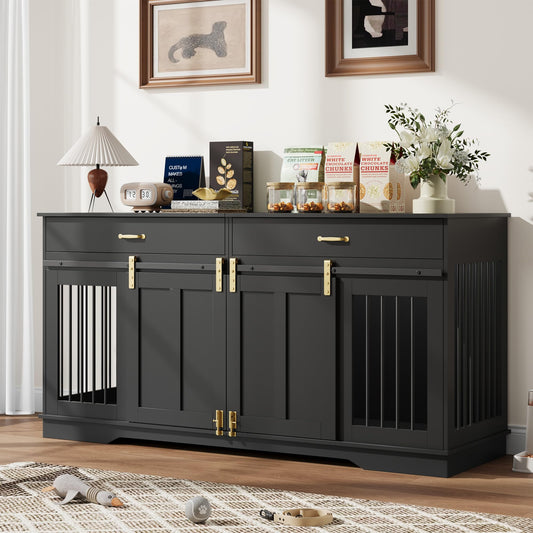 GarveeHome 71'' Double Wooden Dog Crate Furniture for 2 Dogs, with Removable Divider, Sliding Door & 2 Drawers, Decorative TV Stand for Living Room, Fits Small Medium Large Dogs