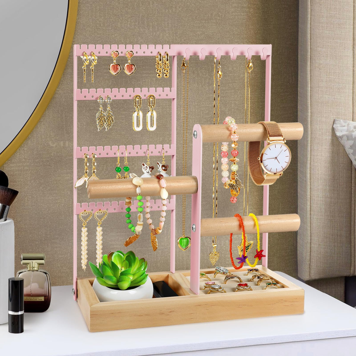Godboat Jewelry Organizer - Earring Holder with 48 Holes, 6 Hooks Necklace Organizer, Bracelet and Ring Stand with Jewelry Box, Mothers Day Gifts for Women, Mom, Preppy Stuff & Room Decor, Pink