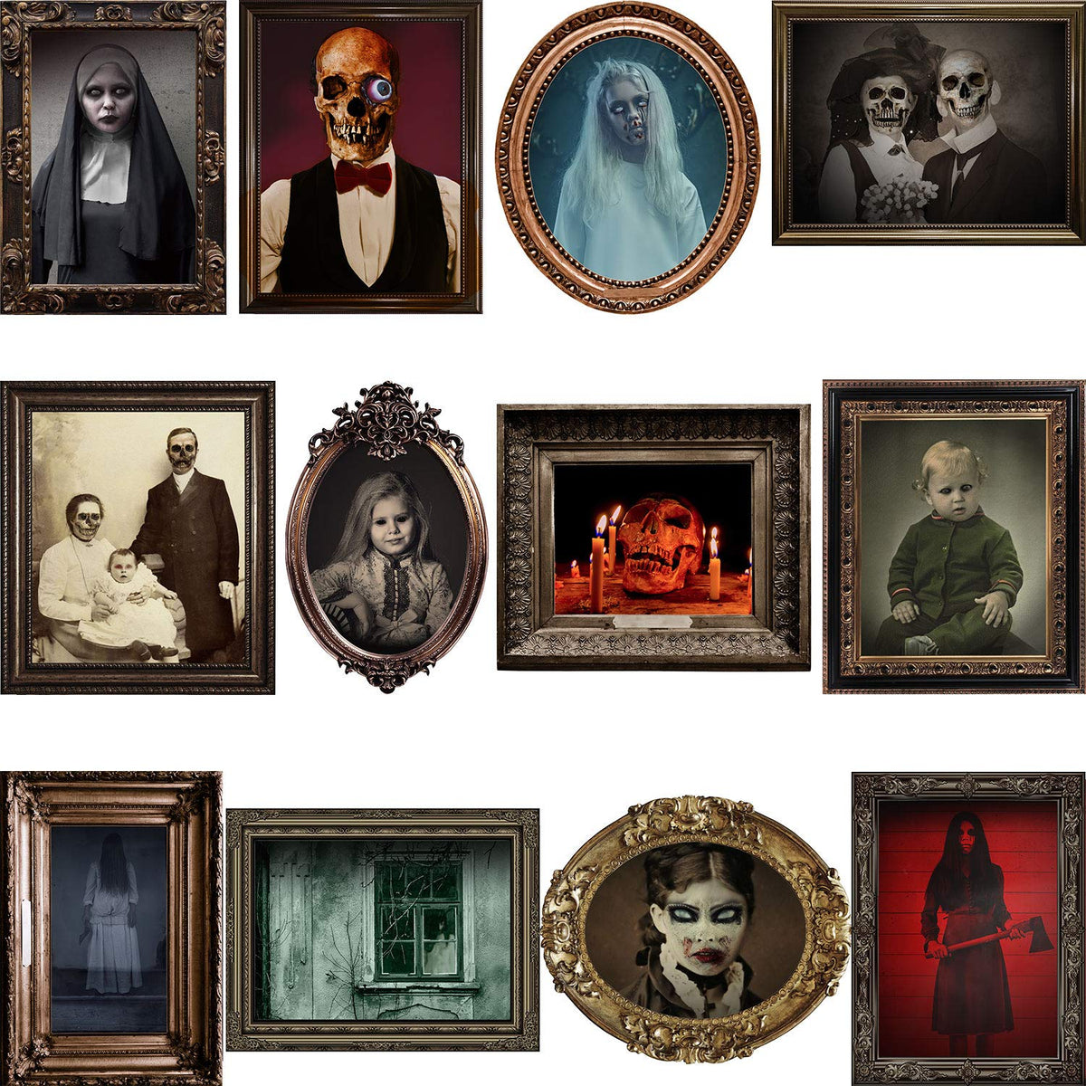 DUAIAI Halloween Decorations, 12 Pieces Laminated Halloween Gothic Decor Poster Frames Durable Haunted House Creepy Portraits Pictures Spooky Home Decor