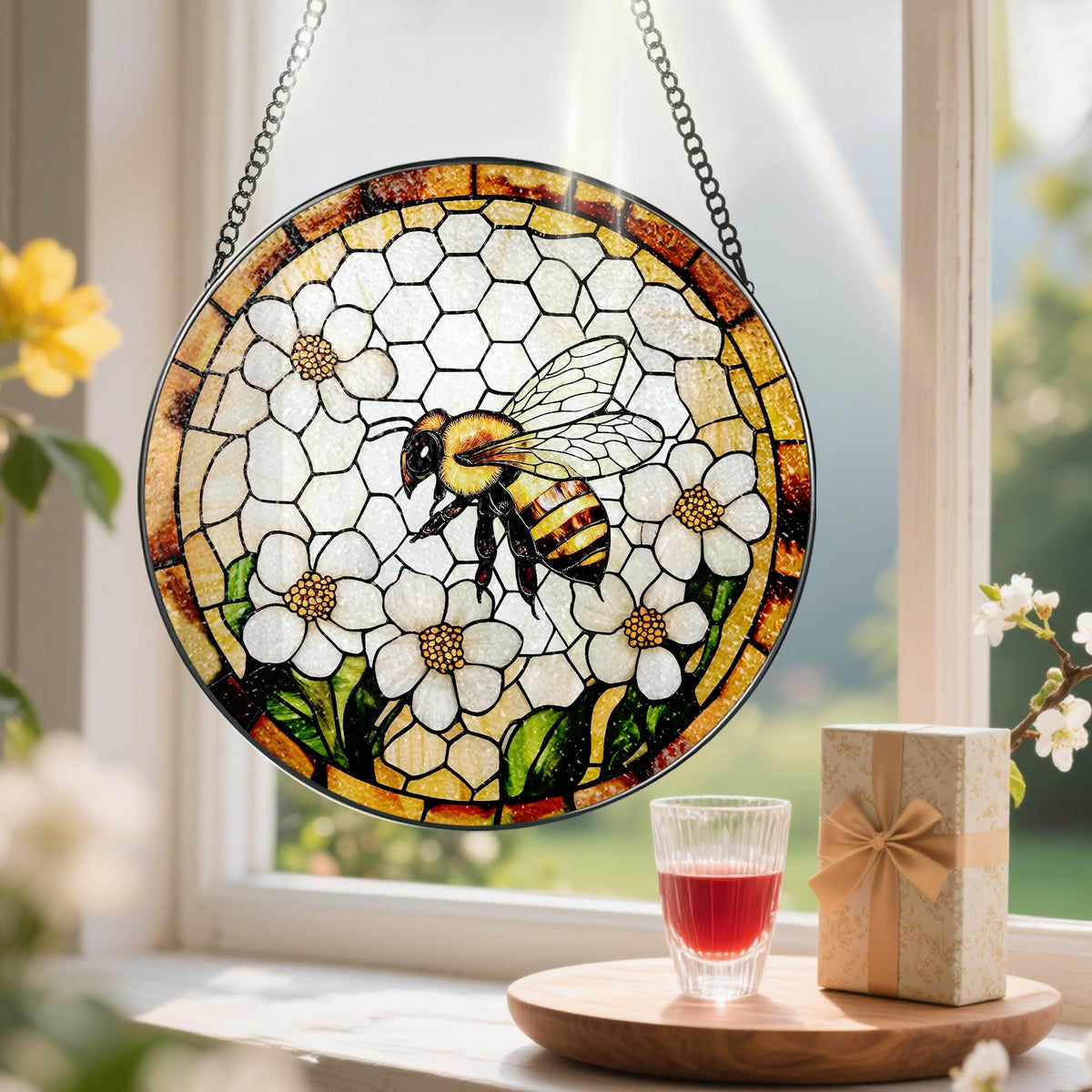 Bee Wildflowers Stained Glass Suncatcher, Stained Glass Window Hanging, 8 Inch Honey Bee Suncatcher, Honeybee Gifts for Garden Lovers, Gifts for Mother's Day, Teacher Gift, Grandma Gift