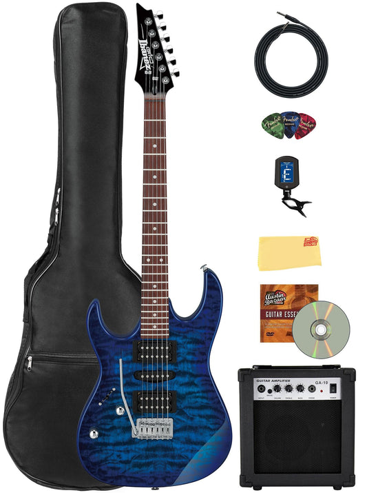 Ibanez GRX70QAL RG Gio Electric Guitar, Left Handed - Transparent Blue Burst Bundle with Amplifier, Gig Bag, Tuner, Cable, Picks, Austin Bazaar Instructional DVD, and Polishing Cloth