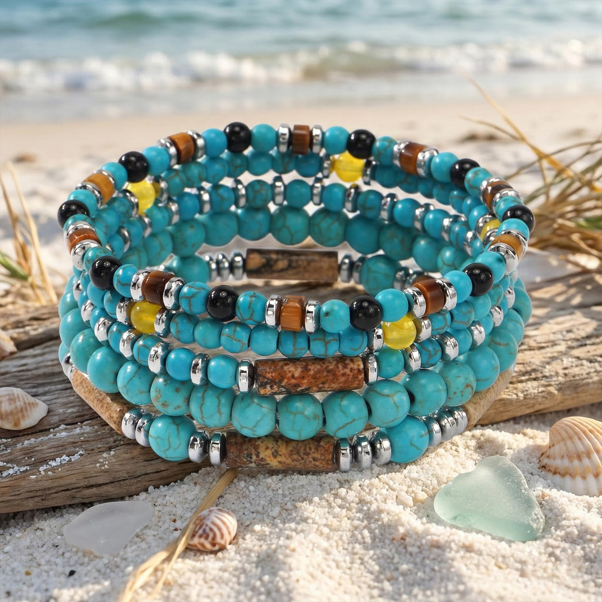 SHINUS BOHO Healing Crystal Beaded Bracelet Stack for Women,Stretch Bohemian Natural Turquoise Gemstones Stackable Bracelets Trendy Summer Accessories Jewelry Gifts Friendship