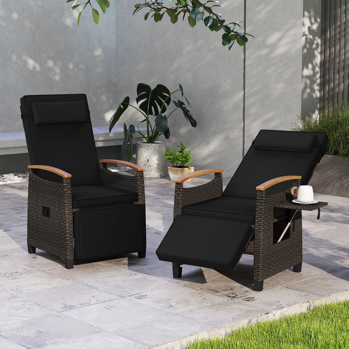 RELAX4LIFE Rattan Outdoor Recliner Chair - Wicker Chaise Lounge Chair w/Adjustable Back & Footrest, Acacia Wood Armrests, Flip Side Table, Cushion, Reclining Patio Chair for Pool Yard (2, Black)
