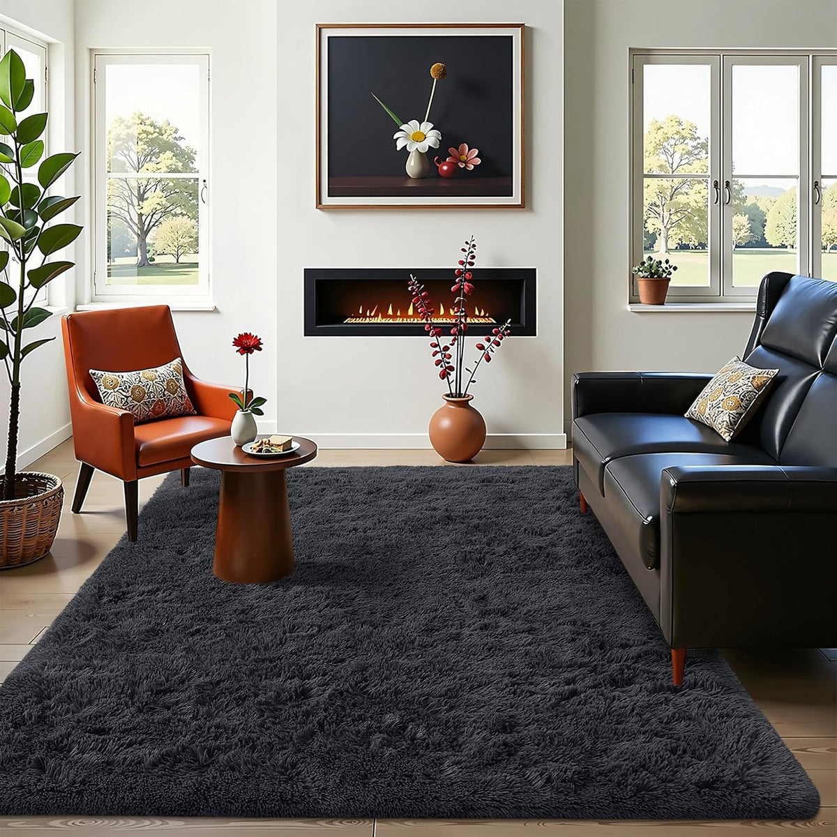 OLANLY Area Rugs - Soft Fluffy Shaggy Indoor Carpet for Living Room & Bedroom | 4x11 ft, Black