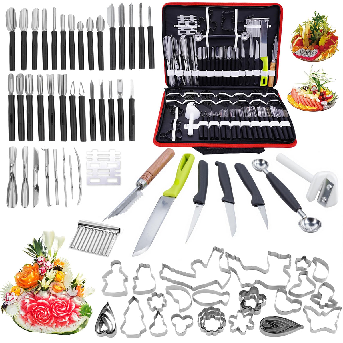 80-Piece Stainless Steel Fruit Carving Tools Set - Professional Watermelon Carving Knife Kit with Ergonomic Handles & Portable Case, Durable Fruit Cutting Tools for Culinary Arts, Sculpting, Peeling