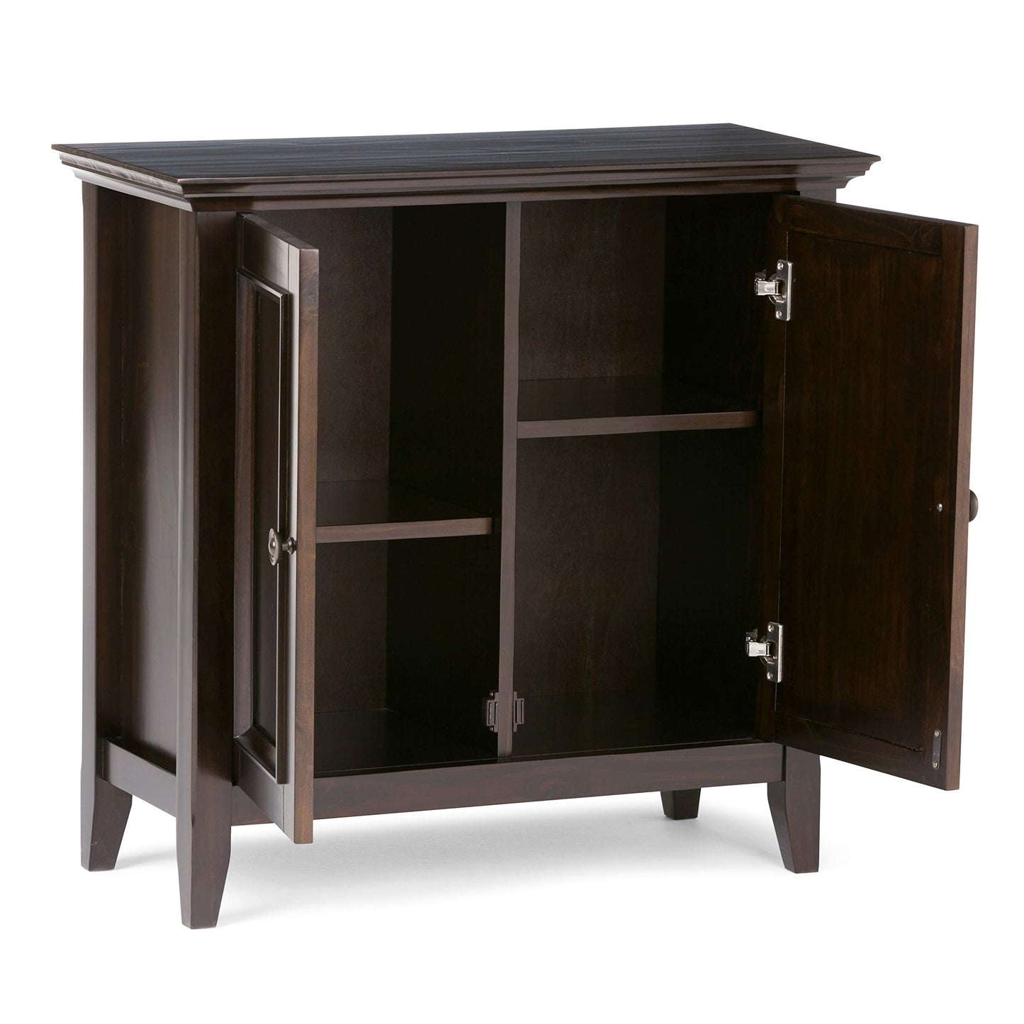 SIMPLIHOME Amherst 32-inch Wide Solid Wood Transitional-Style Low Storage Cabinet in Hickory Brown for Living Room, Entryway, or Dining Area with Adjustable Shelves