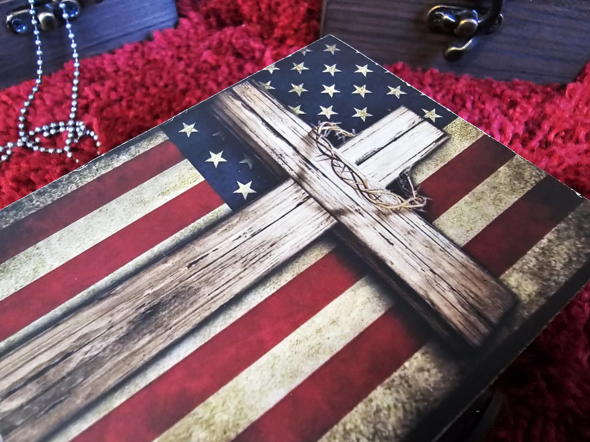 Patriotic Cross American Flag Trinket Box Rosary Jewelry Keepsake Box | US Flag Treasure Box, Patriot Gifts for Men Women Girls Gift Idea, Prayer, First Communion Box, Gifts for Home Décor (3USS)