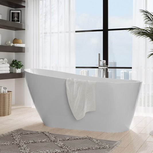 67" Acrylic Freestanding Bathtub, Modern Freestanding Tub with Chrome Drain & Overflow, Glossy White, Home Spa