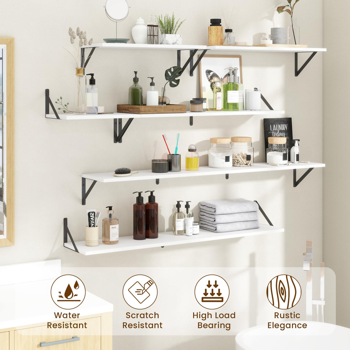 Acovy Floating Shelves for Wall Decor,24" Wx8 D Wall Mount Floating Bookshelf Set of 2,Hanging Storage Shelf with Sturdy Metal Brackets,Wooden Shelf for Living Room,Bedroom,Bathroom,White