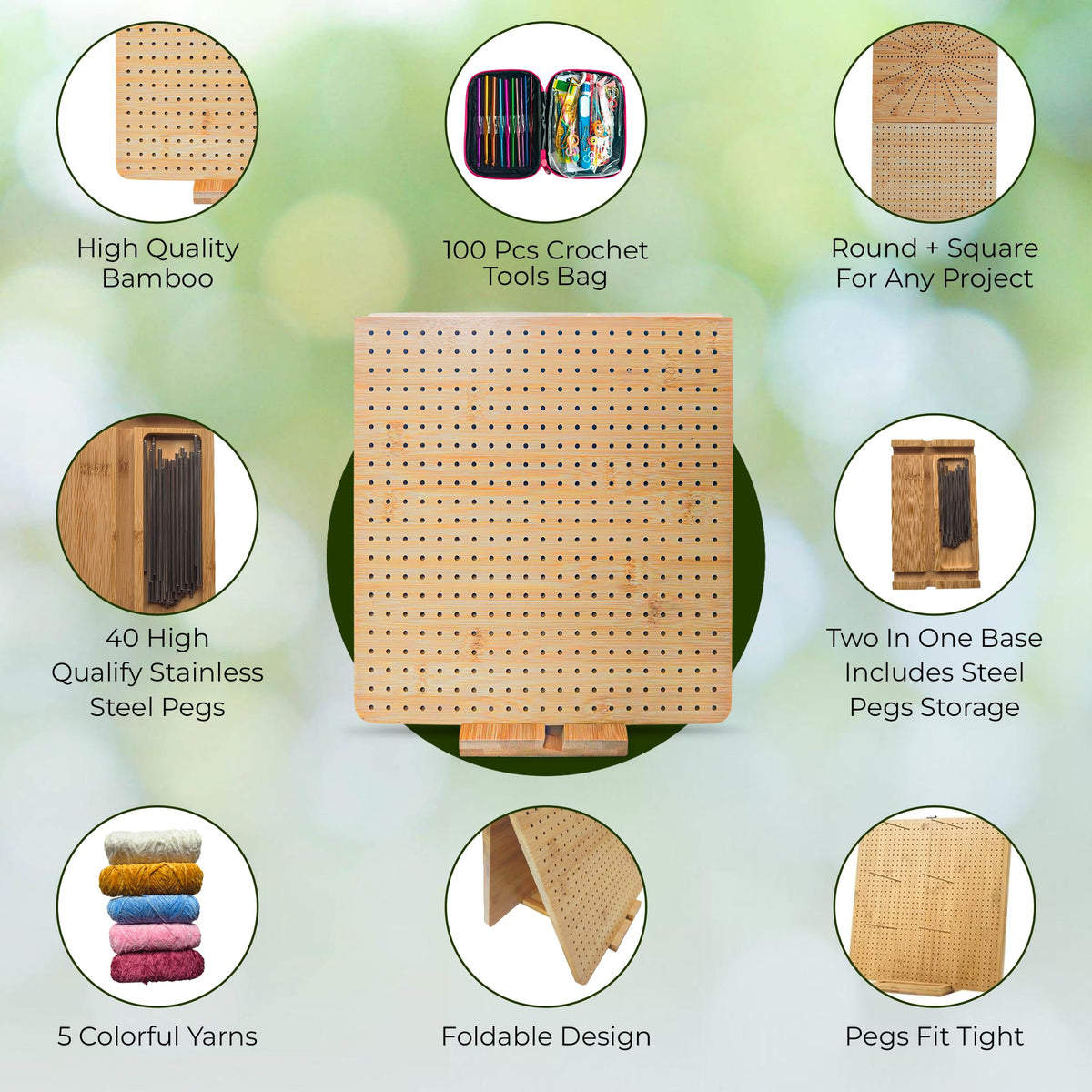 FRAVI Foldable Bamboo Crochet Blocking Board Kit – Dual-Sided Square & Circular Grid 22 × 11 in, 40 Pins + 100 Tools + 5 Yarn Skeins – All-in-One Crochet & Knitting Kit for Beginners & Crafters