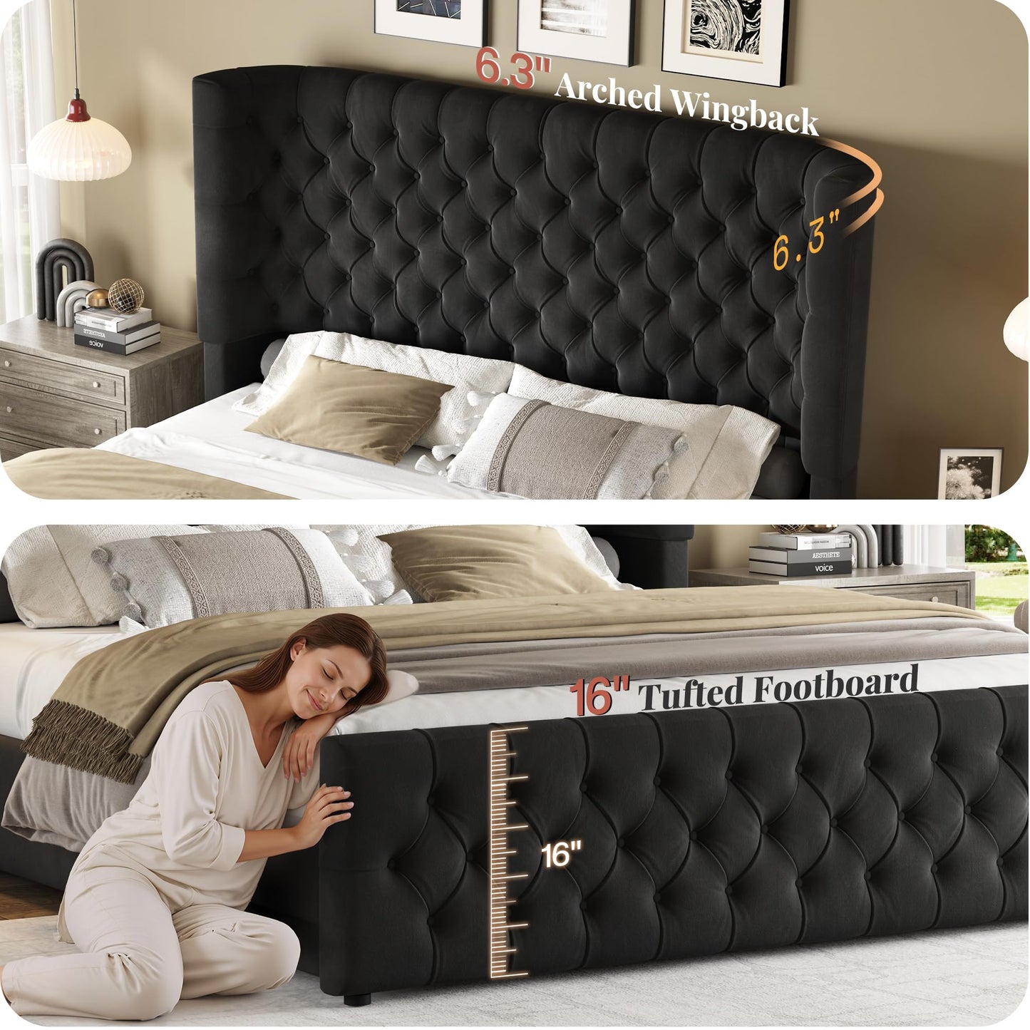 Jocisland King Size Platform Bed Frame, 6.3" Thick Upholstered Curved Wingback Headboard and Footboard with Deep Button Tufted, Easy Assembly, No Box Spring Needed, Black Velvet