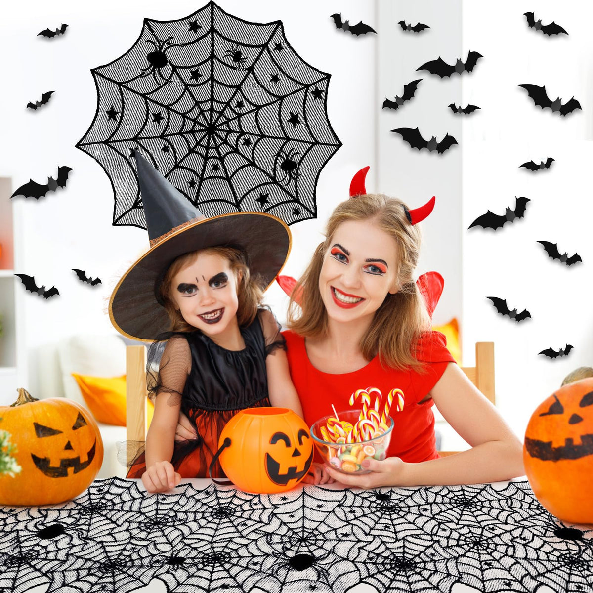 5Pack Halloween Decorations Indoor Halloween Spider Web Tablecloth Table Runners Fireplace Mantel Scarf Cobweb Lampshade Scary 3D Bats for Halloween Spooky Home Decor