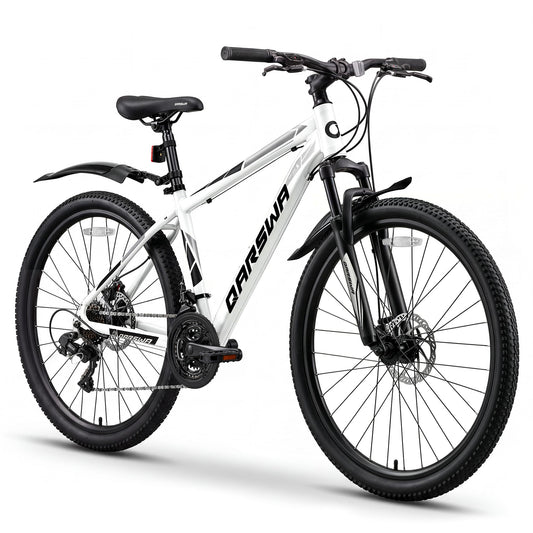 QARSWA 26 Inch Mountain Bike, Lightweight Aluminum Frame MTB with 21-Speed Trigger Shifter & Dual Disc Brakes, Comfort Foam Seat Adult Bicycle for Men and Women, Trail & Outdoor Riding, White