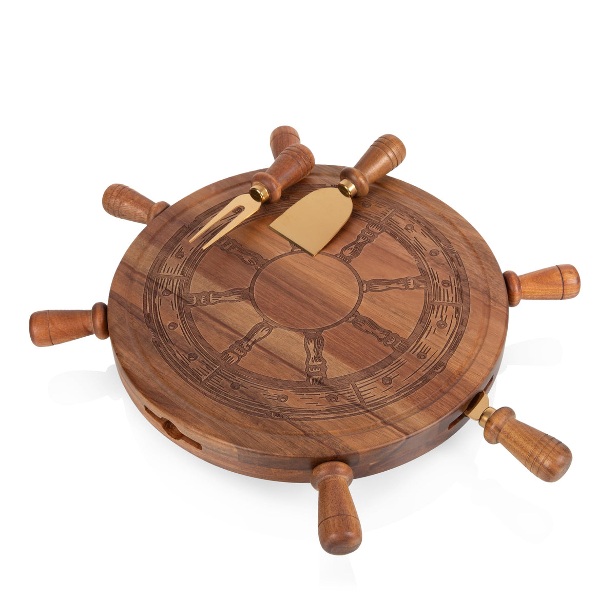PICNIC TIME Helmsman Lazy Susan Cheese Board and Tool Set, Charcuterie Board Set, Wood Cutting Board with Cheese Knives, (Acacia and Gold)