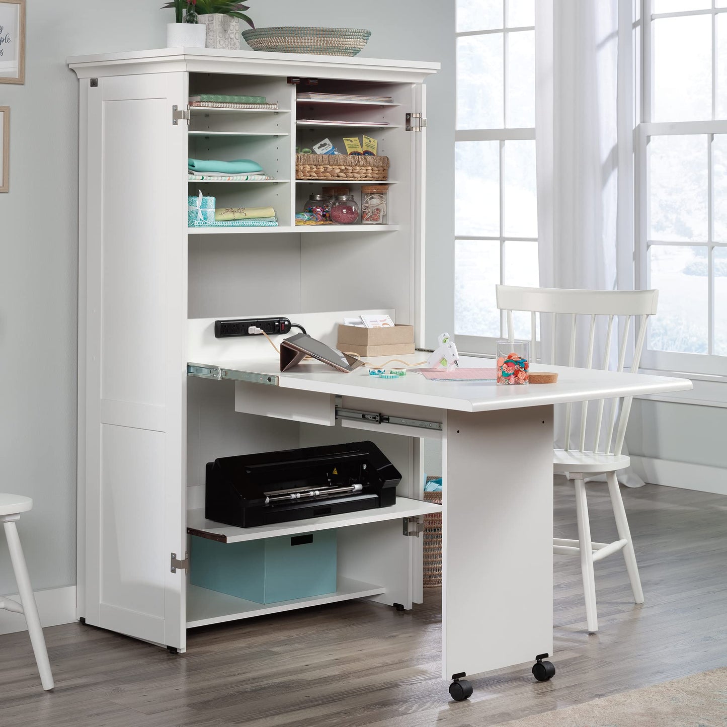 Sauder Miscellaneous Storage Craft & Sewing Armoire, L: 35.11" x W: 21.81" x H: 61.58", Glacier White finish